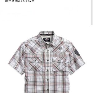 Harley-Davidson White Plaid Short Sleeve Button-Up with Gray and Red Stripes